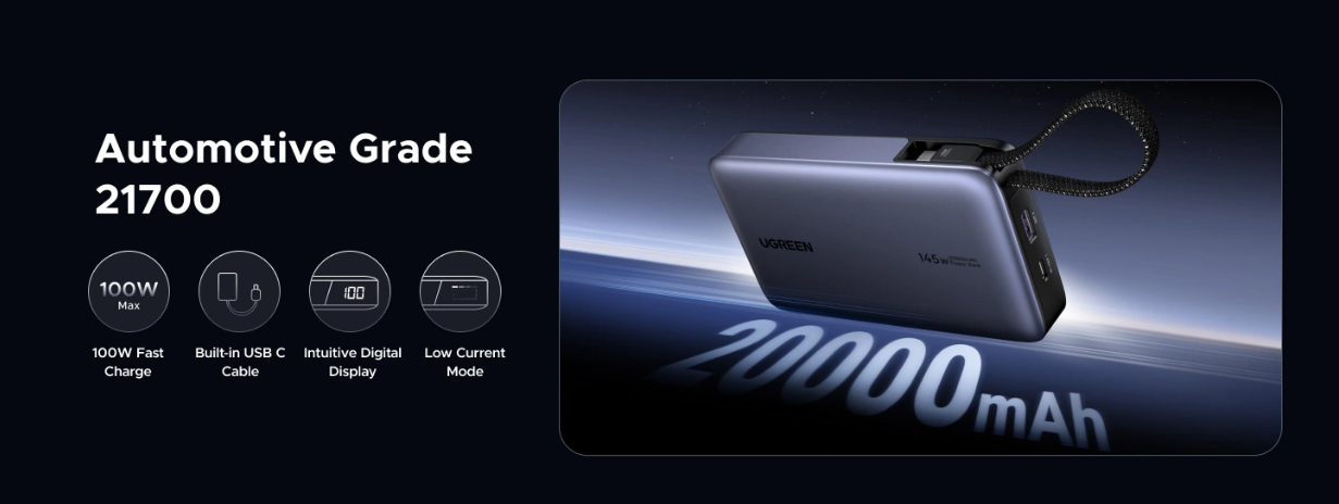 LiPo išorinis akumuliatorius (PowerBank) 20000mAh 145W USB-A USB-C su integruotu kabeliu PB551 UGREEN aprašymas - Prekės nuotrauka