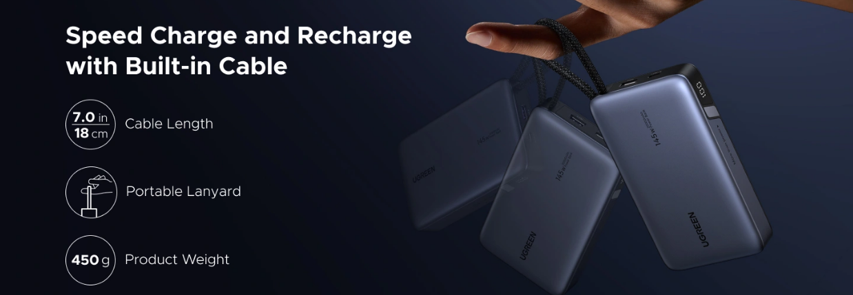 LiPo išorinis akumuliatorius (PowerBank) 20000mAh 145W USB-A USB-C su integruotu kabeliu PB551 UGREEN aprašymas - Prekės nuotrauka