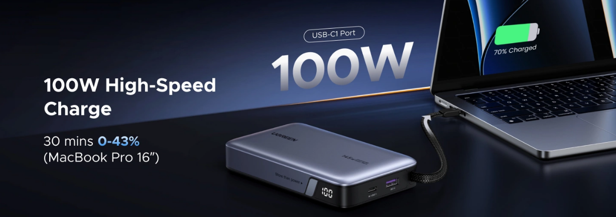 LiPo išorinis akumuliatorius (PowerBank) 20000mAh 145W USB-A USB-C su integruotu kabeliu PB551 UGREEN aprašymas - Prekės nuotrauka