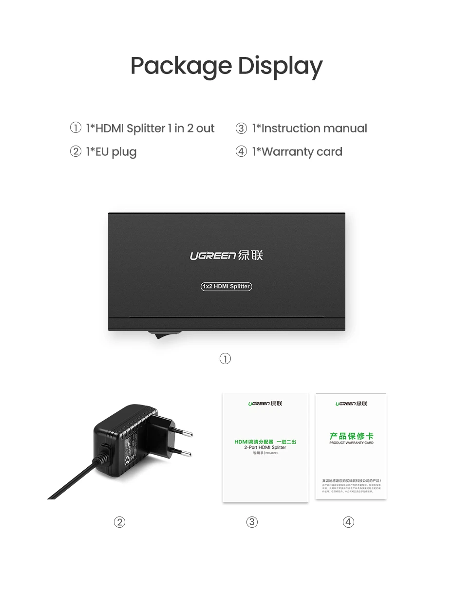 Ugreen Šakotuvas HDMI 1.4 4K 30Hz (1 įėjimas -> 2 išėjimai) aprašymas - Prekės nuotrauka