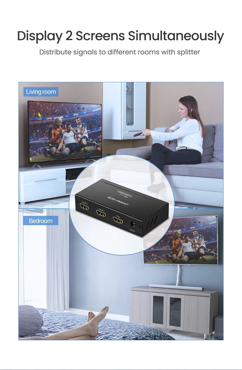 Ugreen Šakotuvas HDMI 1.4 4K 30Hz (1 įėjimas -> 2 išėjimai) aprašymas - Prekės nuotrauka