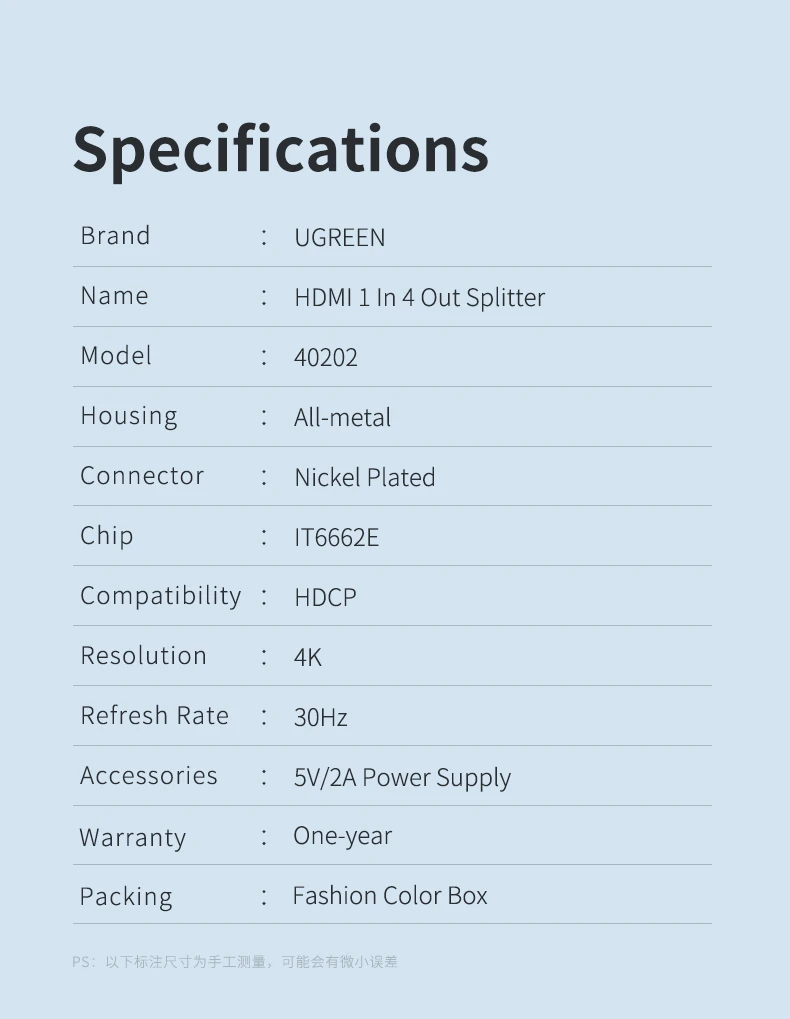 Ugreen Šakotuvas HDMI 1.4 4K 30Hz (1 įėjimas -> 4 išėjimai) aprašymas - Prekės nuotrauka