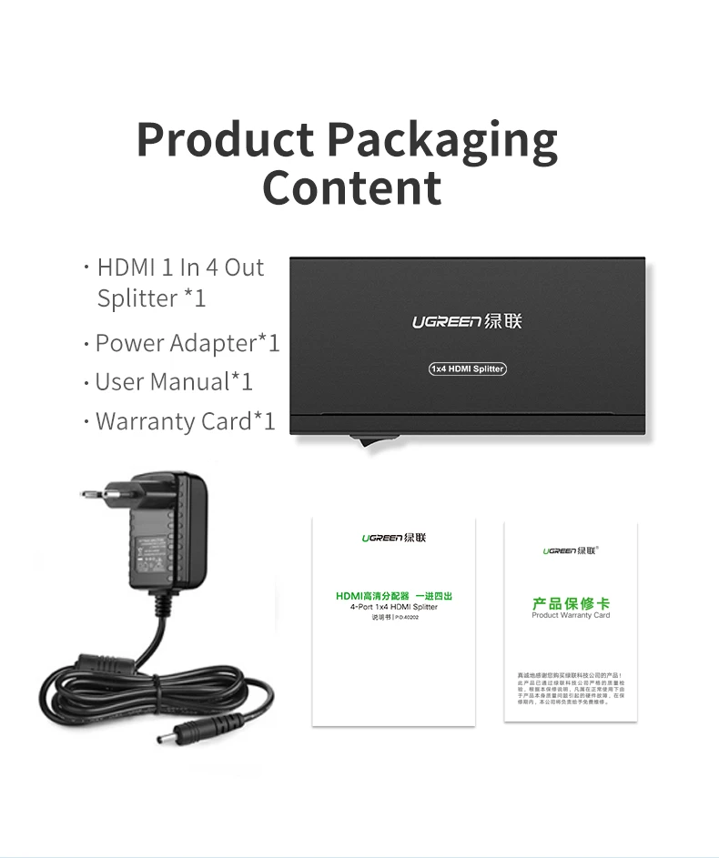 Ugreen Šakotuvas HDMI 1.4 4K 30Hz (1 įėjimas -> 4 išėjimai) aprašymas - Prekės nuotrauka