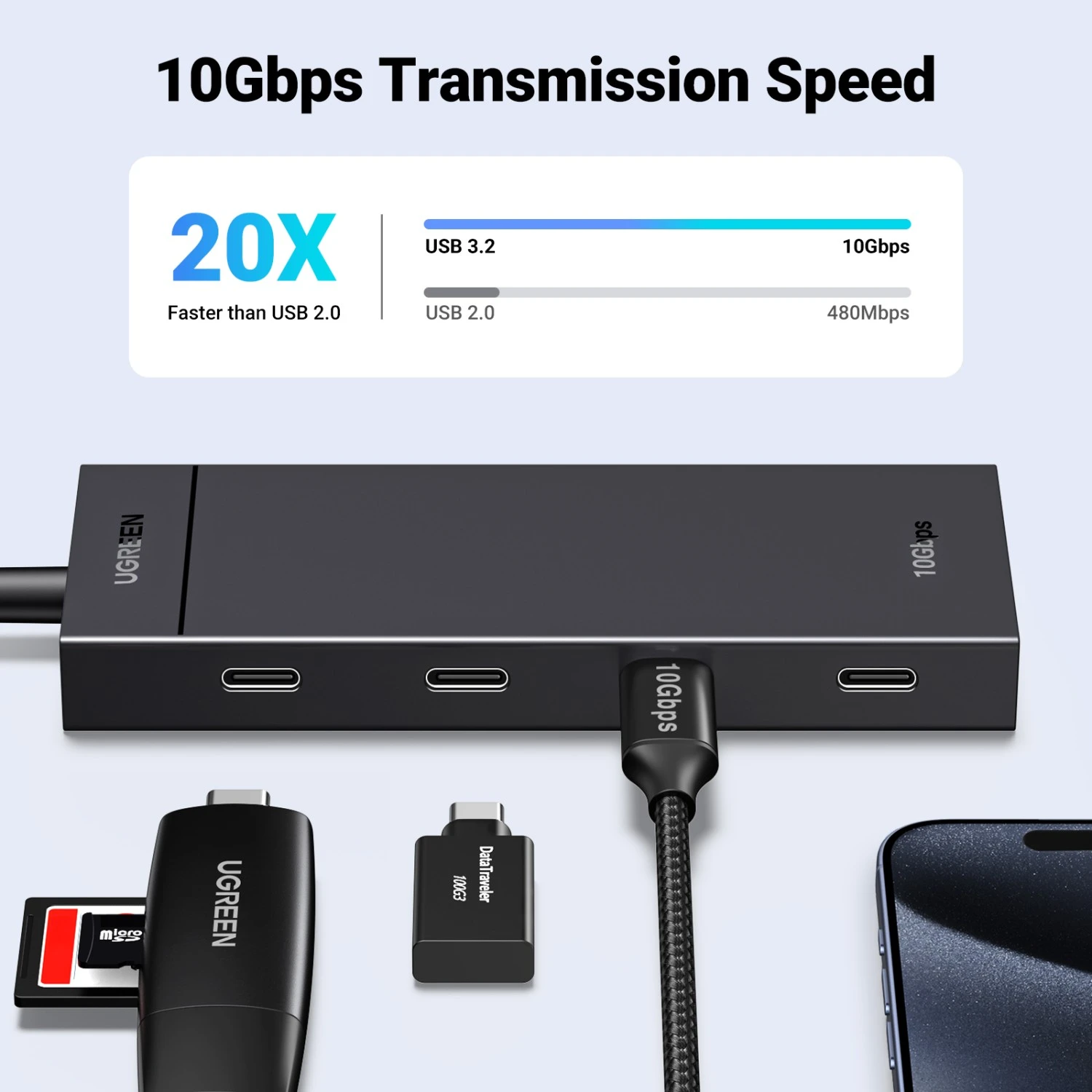Ugreen Šakotuvas USB-C 4 prievadų (USB-C 3.2 Gen2) 30cm, juodas aprašymas - Prekės nuotrauka