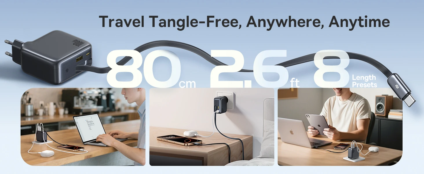 Baseus EnerCore CJ11 100W su portami USB-A oraz USB-C i ze zwijanym kablem USB-C - juoda aprašymas - Prekės nuotrauka