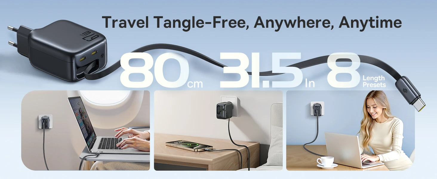 Baseus Sieninis įkroviklis EnerCore CJ11 67W 2xUSB-C su ištraukiamu USB-C kabeliu 0.8m, juodas aprašymas - Prekės nuotrauka