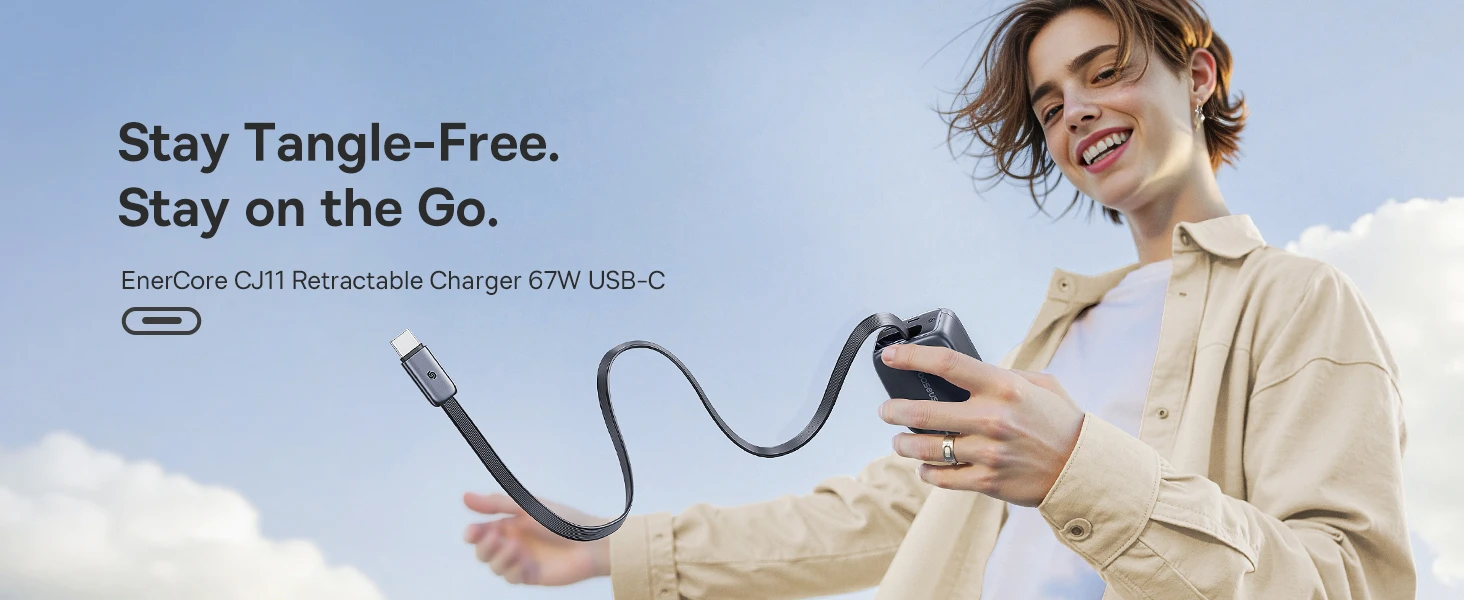 Baseus Sieninis įkroviklis EnerCore CJ11 67W 2xUSB-C su ištraukiamu USB-C kabeliu 0.8m, juodas aprašymas - Prekės nuotrauka