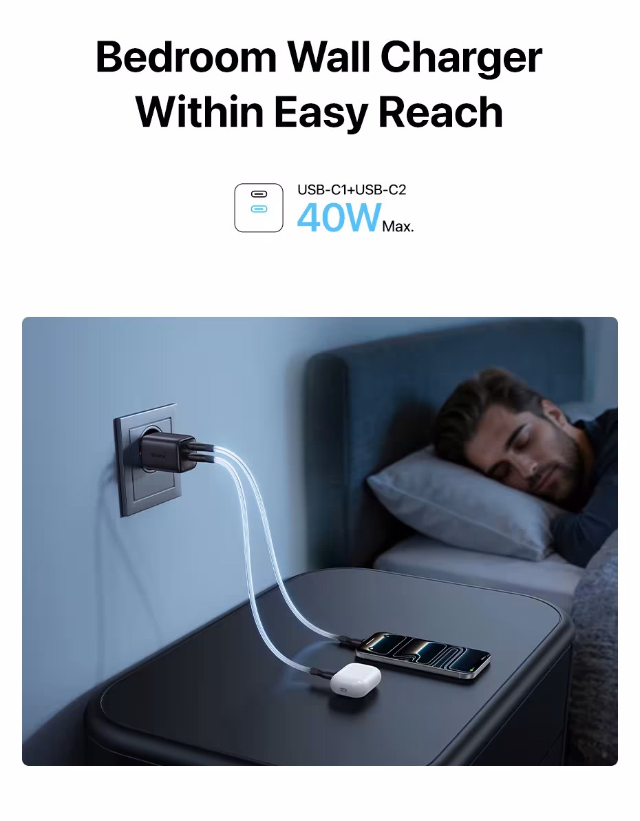 Baseus Sieninis įkroviklis EnerFill FE22 45W 2xUSB-C QC PD su USB-C kabeliu 1m, juodas aprašymas - Prekės nuotrauka