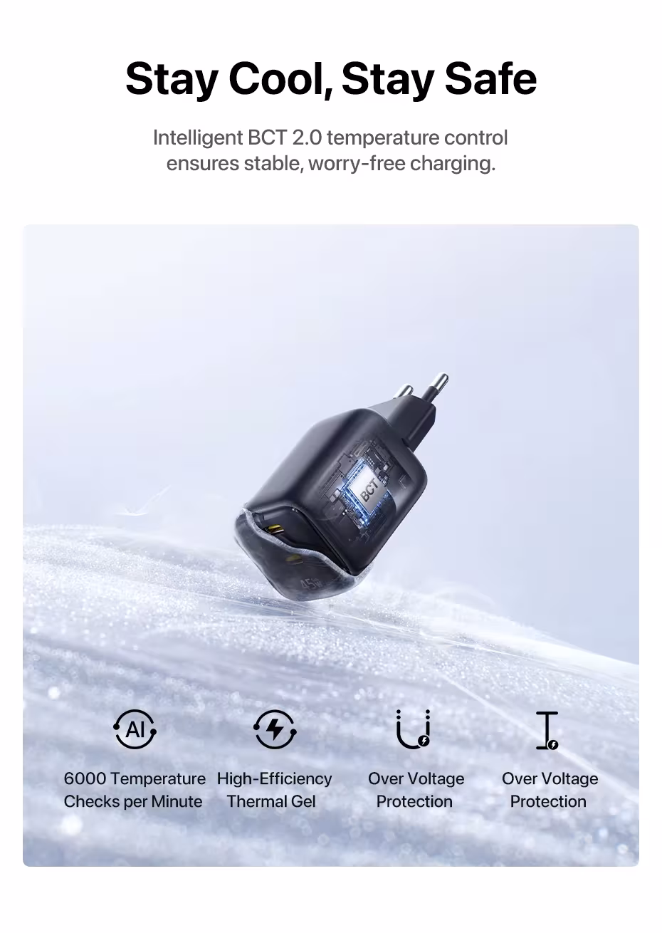 Baseus Sieninis įkroviklis EnerFill FE22 45W 2xUSB-C QC PD su USB-C kabeliu 1m, baltas aprašymas - Prekės nuotrauka