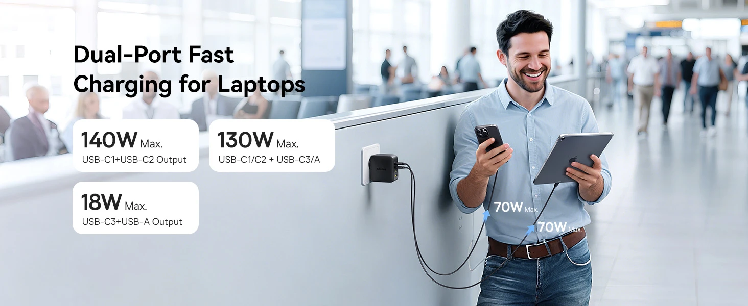 Baseus Sieninis įkroviklis EnerFill FH11 140W USB-A + 3xUSB-C QC PD3.1, juodas aprašymas - Prekės nuotrauka