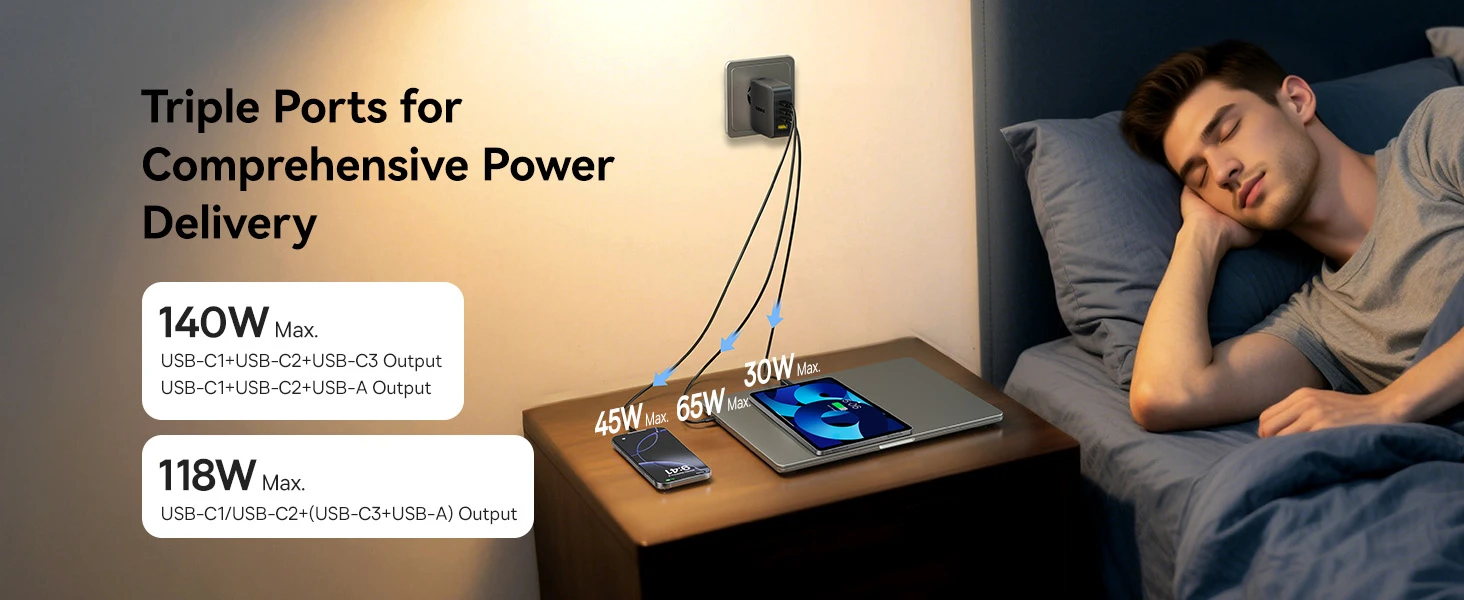 Baseus Sieninis įkroviklis EnerFill FH11 140W USB-A + 3xUSB-C QC PD3.1, juodas aprašymas - Prekės nuotrauka