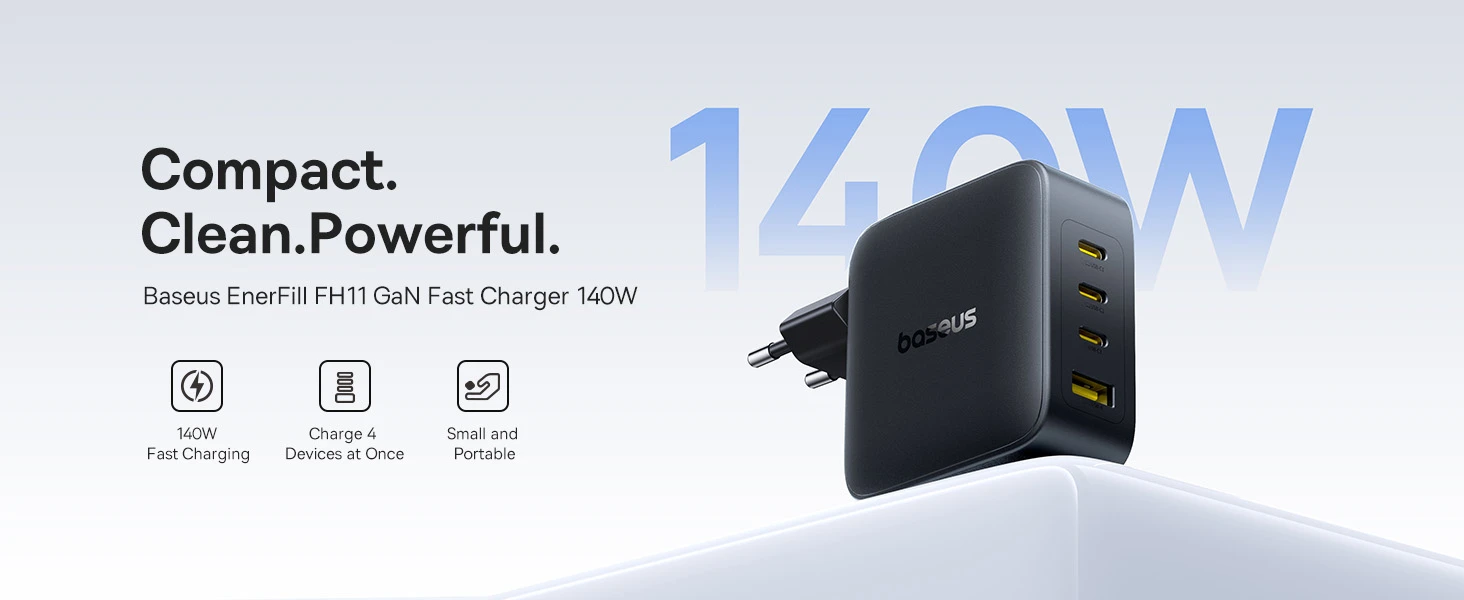 Baseus Sieninis įkroviklis EnerFill FH11 140W USB-A + 3xUSB-C QC PD3.1, juodas aprašymas - Prekės nuotrauka