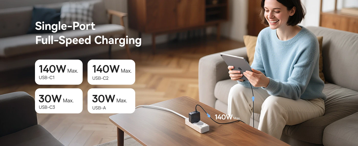 Baseus Sieninis įkroviklis EnerFill FH11 140W USB-A + 3xUSB-C QC PD3.1, juodas aprašymas - Prekės nuotrauka