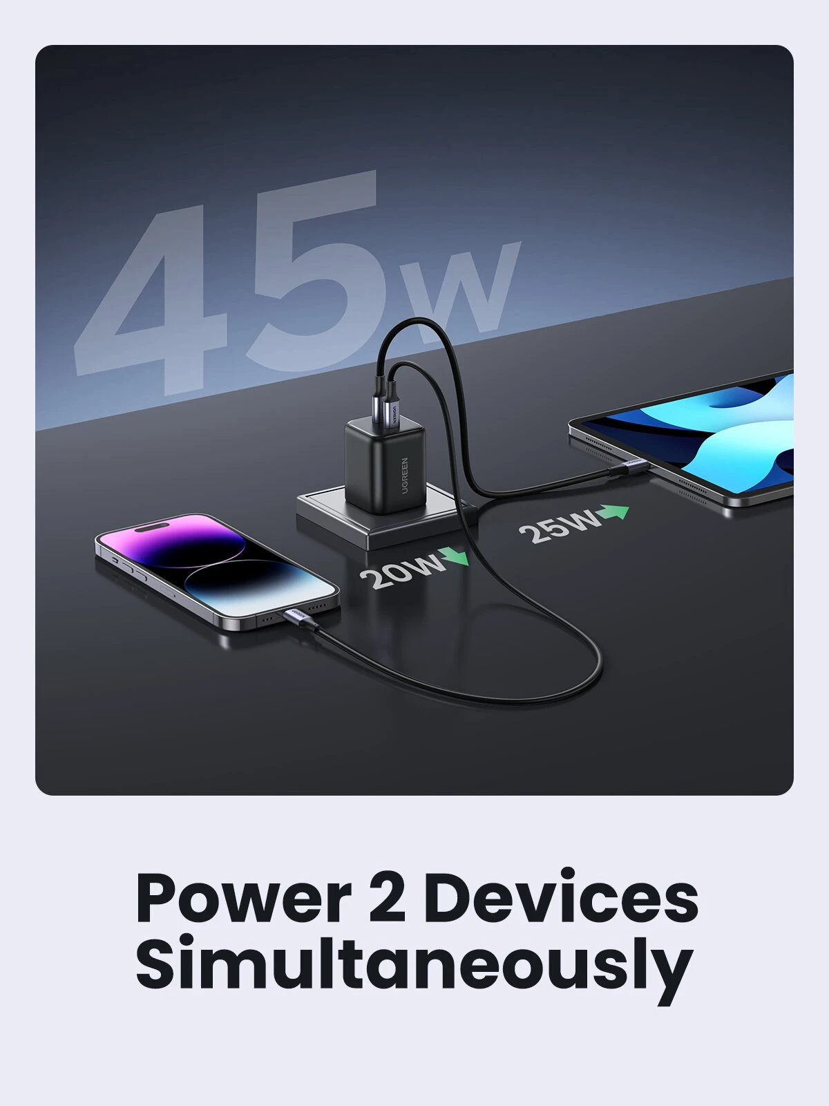 Įkroviklis Ugreen GaN 45W 2xUSB-C - juoda aprašymas - Prekės nuotrauka