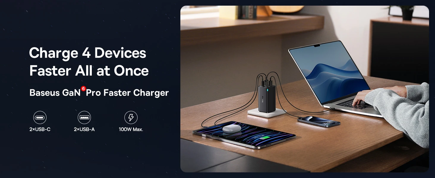 Baseus Sieninis įkroviklis GaN6 Pro 100W 2xUSB-A + 2xUSB-C QC PD su USB-C kabeliu 1m, juodas aprašymas - Prekės nuotrauka