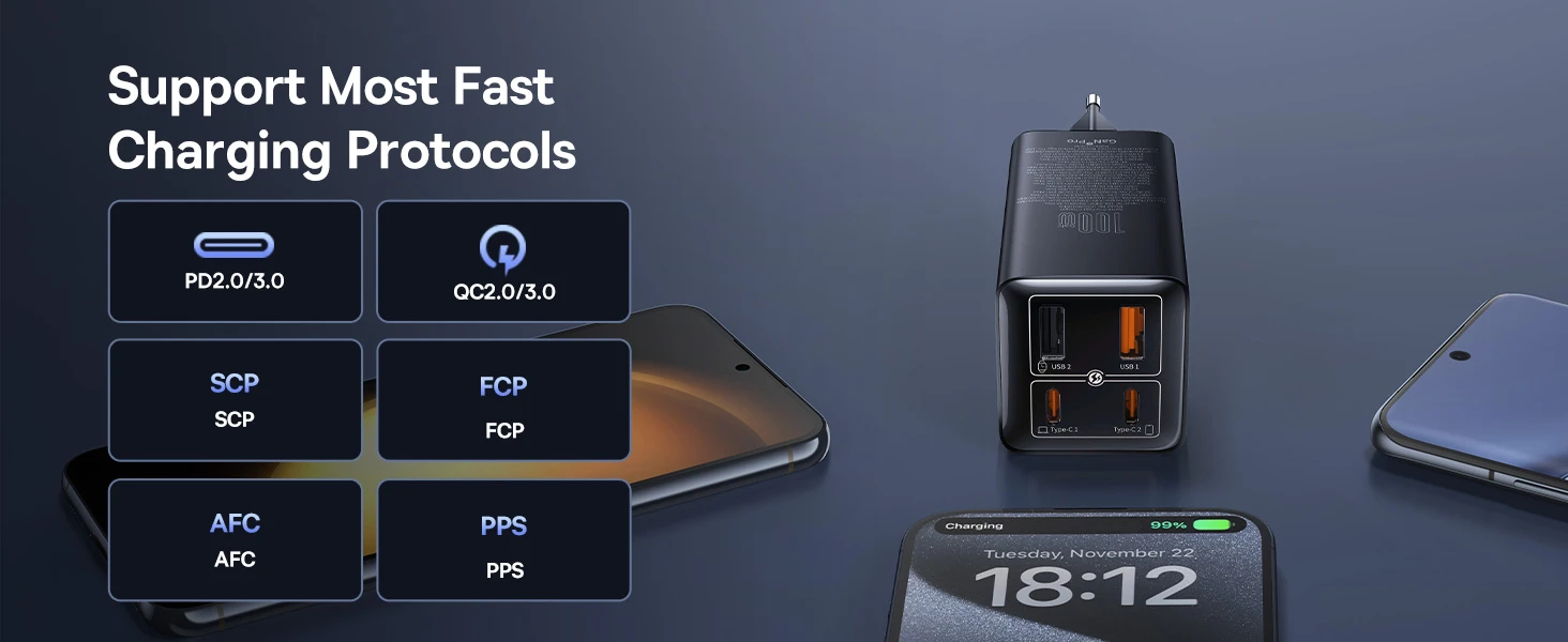 Baseus Sieninis įkroviklis GaN6 Pro 100W 2xUSB-A + 2xUSB-C QC PD su USB-C kabeliu 1m, juodas aprašymas - Prekės nuotrauka