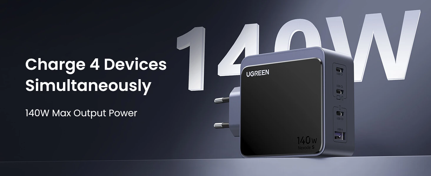 Ugreen Nexode S 140W, GaN, 3x USB-C + USB (pilka) aprašymas - Prekės nuotrauka