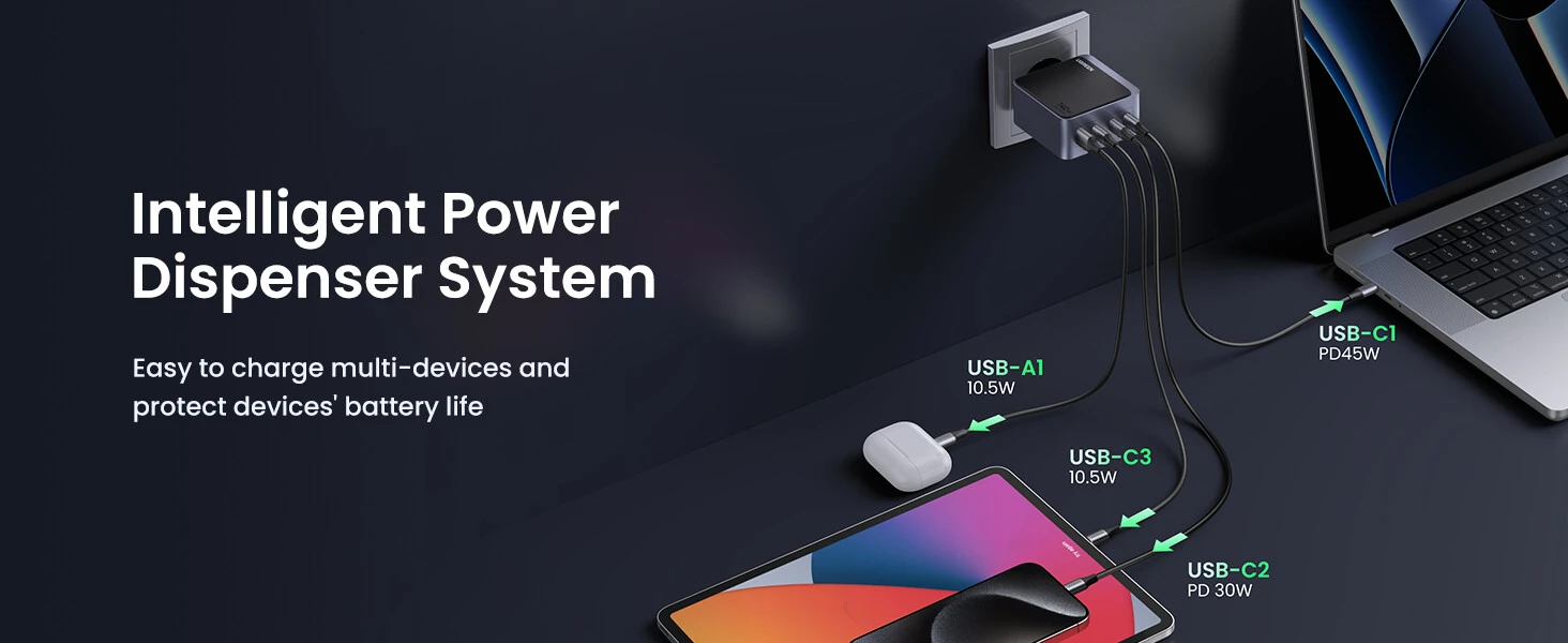 Ugreen Nexode S 140W, GaN, 3x USB-C + USB (pilka) aprašymas - Prekės nuotrauka