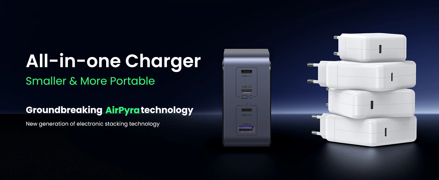 Ugreen Nexode S 140W, GaN, 3x USB-C + USB (pilka) aprašymas - Prekės nuotrauka
