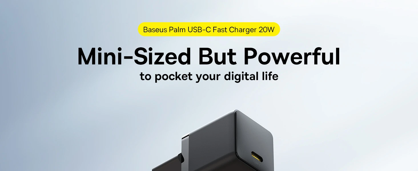 Baseus Sieninis įkroviklis Palm 20W USB-C QC3.0 PD3.0 su USB-C kabeliu 1m, juodas aprašymas - Prekės nuotrauka