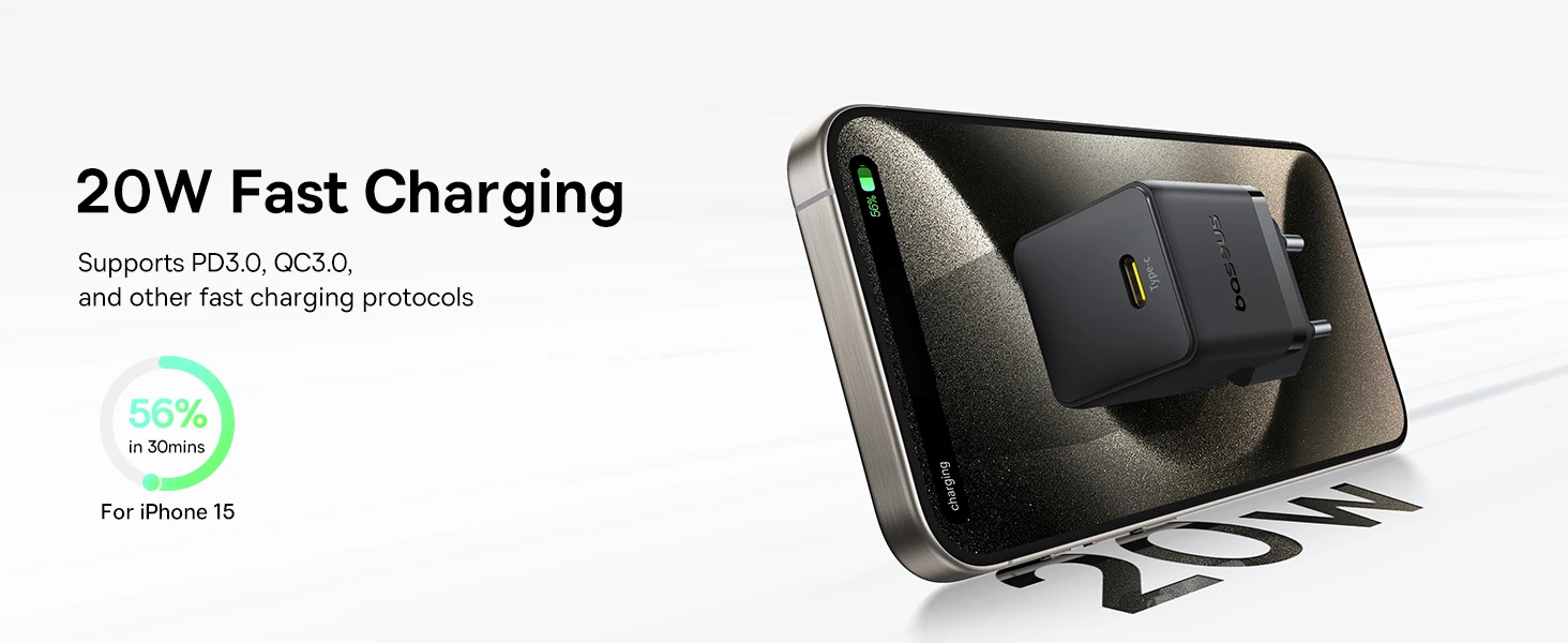 Baseus Sieninis įkroviklis Palm 20W USB-C QC3.0 PD3.0 su USB-C kabeliu 1m, juodas aprašymas - Prekės nuotrauka
