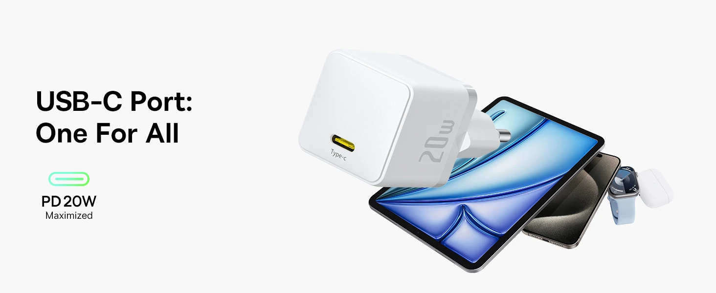 Baseus Sieninis įkroviklis Palm 20W USB-C QC3.0 PD3.0 su USB-C kabeliu 1m, baltas aprašymas - Prekės nuotrauka