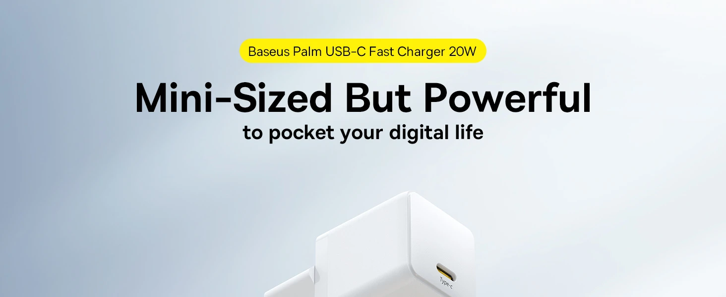 Baseus Sieninis įkroviklis Palm 20W USB-C QC3.0 PD3.0 su USB-C kabeliu 1m, baltas aprašymas - Prekės nuotrauka