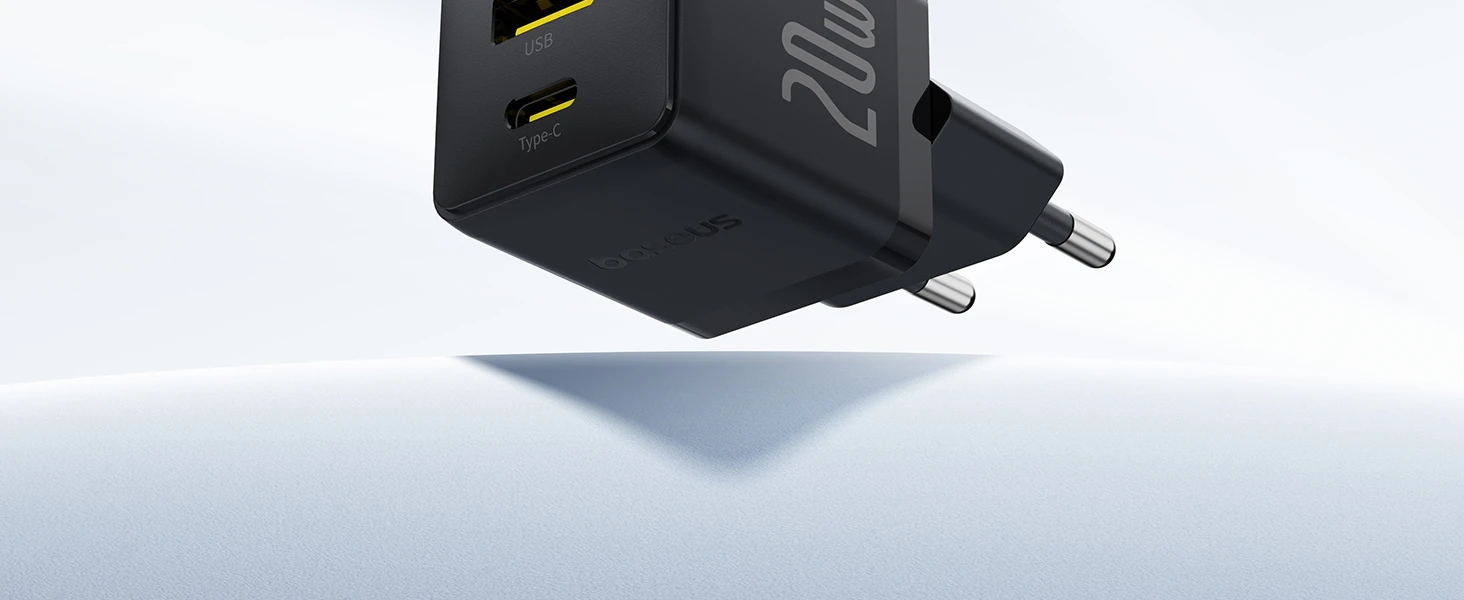 Baseus Sieninis įkroviklis Palm 20W USB + USB-C QC3.0 PD3.0 su USB-C kabeliu 1m, juodas aprašymas - Prekės nuotrauka