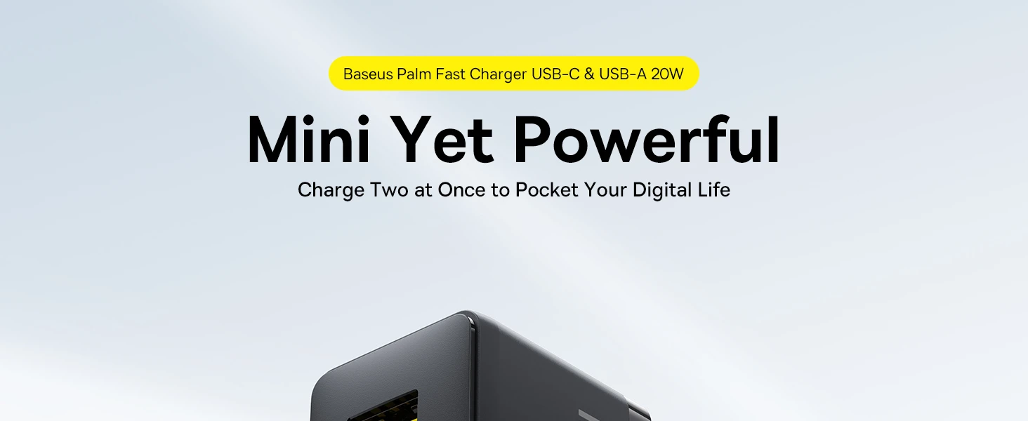 Baseus Sieninis įkroviklis Palm 20W USB + USB-C QC3.0 PD3.0 su USB-C kabeliu 1m, juodas aprašymas - Prekės nuotrauka