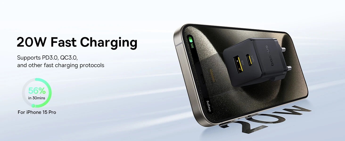 Baseus Sieninis įkroviklis Palm 20W USB + USB-C QC3.0 PD3.0 su USB-C kabeliu 1m, juodas aprašymas - Prekės nuotrauka