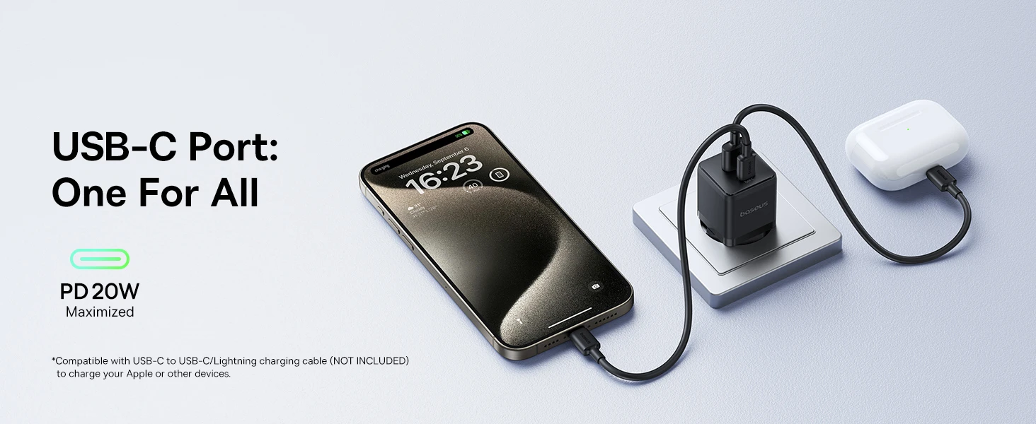 Baseus Sieninis įkroviklis Palm 20W USB + USB-C QC3.0 PD3.0 su USB-C kabeliu 1m, juodas aprašymas - Prekės nuotrauka