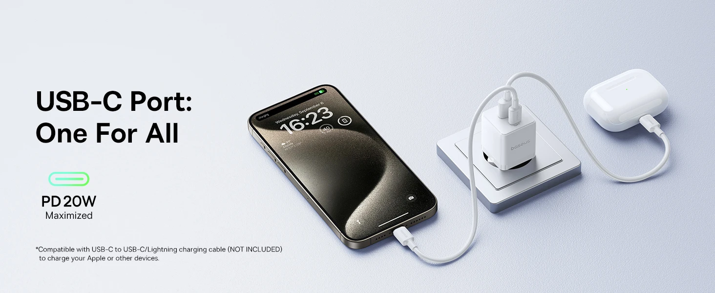 Baseus Sieninis įkroviklis Palm 20W USB + USB-C QC3.0 PD3.0 su USB-C kabeliu 1m, baltas aprašymas - Prekės nuotrauka