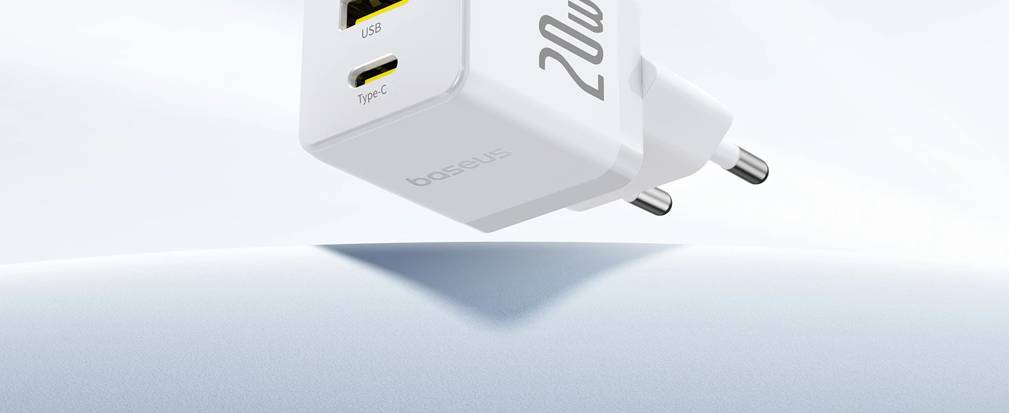 Baseus Sieninis įkroviklis Palm 20W USB + USB-C QC3.0 PD3.0 su USB-C kabeliu 1m, baltas aprašymas - Prekės nuotrauka