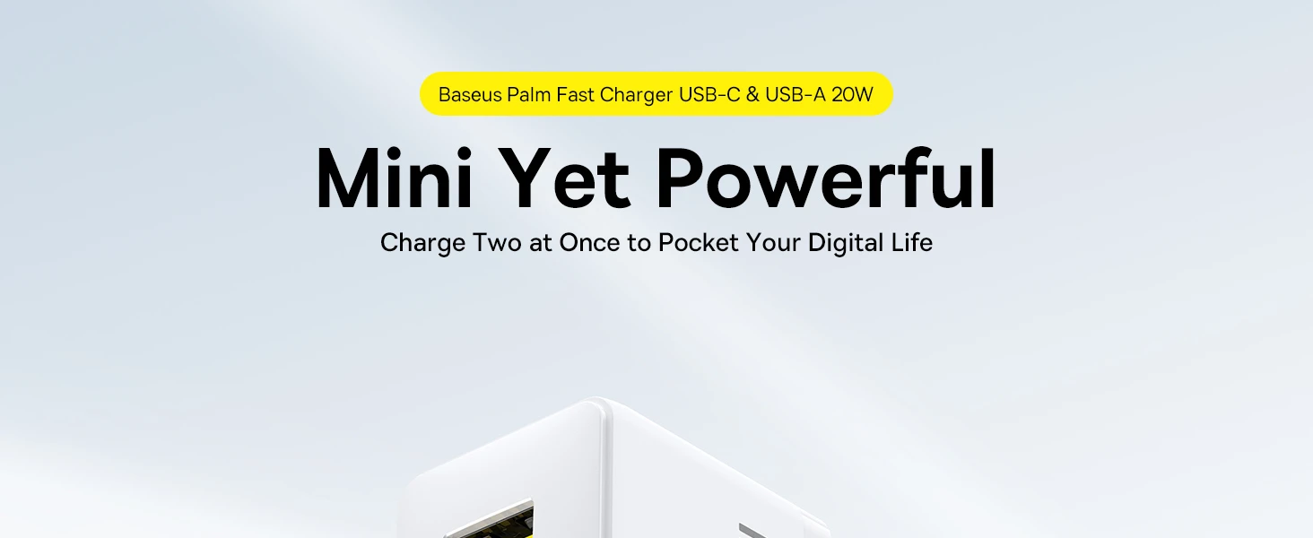 Baseus Sieninis įkroviklis Palm 20W USB + USB-C QC3.0 PD3.0 su USB-C kabeliu 1m, baltas aprašymas - Prekės nuotrauka