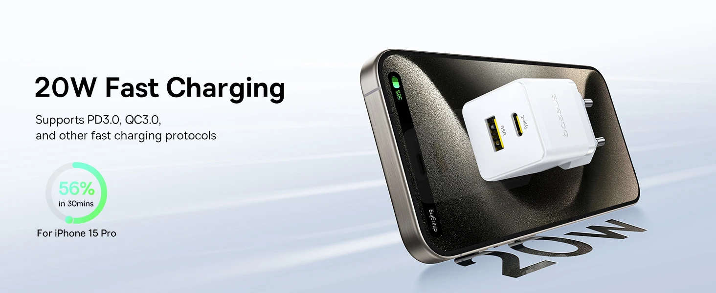 Baseus Sieninis įkroviklis Palm 20W USB + USB-C QC3.0 PD3.0 su USB-C kabeliu 1m, baltas aprašymas - Prekės nuotrauka