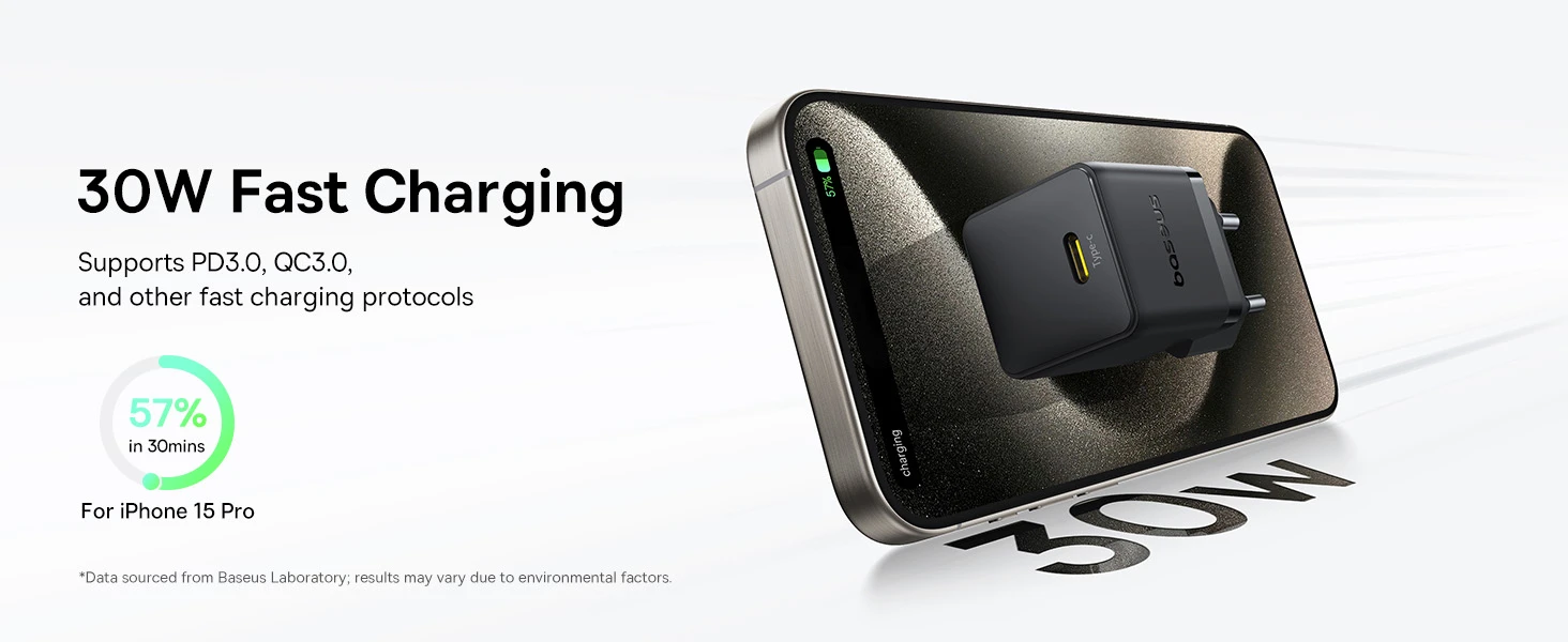 Baseus Sieninis įkroviklis Palm 30W USB-C QC3.0 PD3.0 su USB-C kabeliu 1m, juodas aprašymas - Prekės nuotrauka