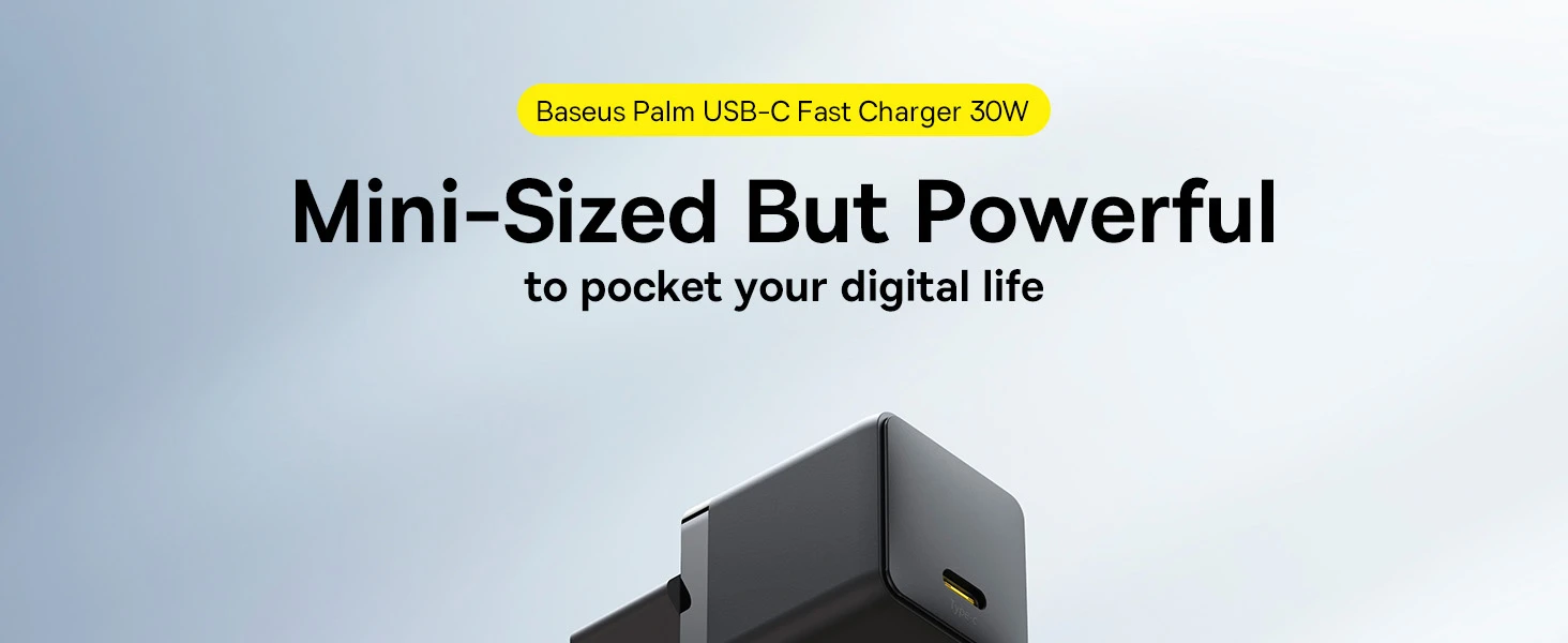 Baseus Sieninis įkroviklis Palm 30W USB-C QC3.0 PD3.0 su USB-C kabeliu 1m, juodas aprašymas - Prekės nuotrauka