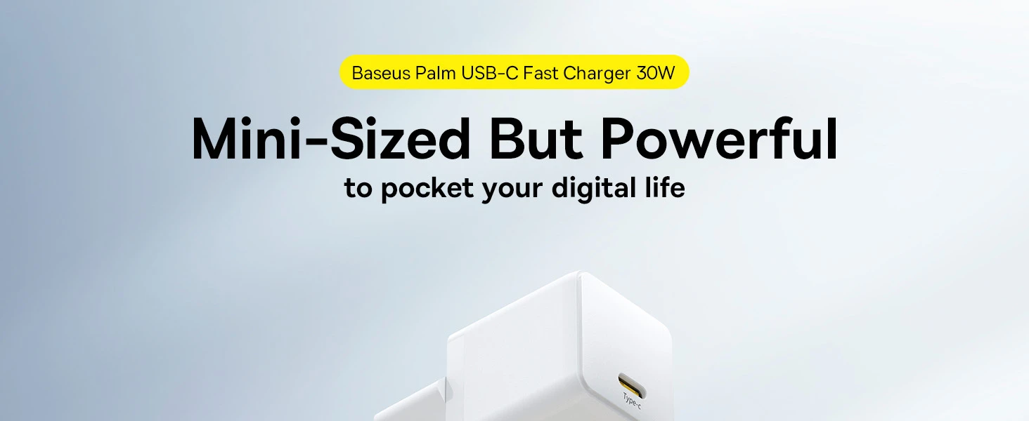 Baseus Sieninis įkroviklis Palm 30W USB-C QC3.0 PD3.0 su USB-C kabeliu 1m, baltas aprašymas - Prekės nuotrauka