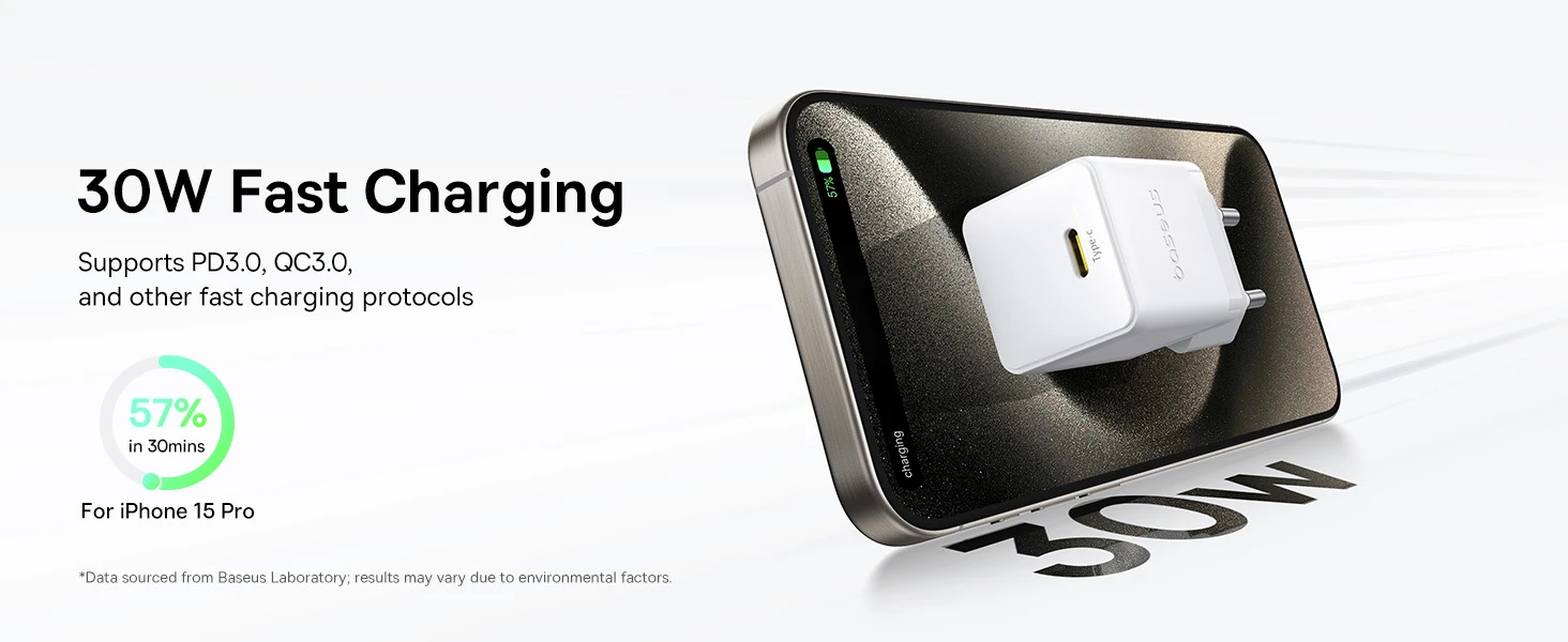 Baseus Sieninis įkroviklis Palm 30W USB-C QC3.0 PD3.0 su USB-C kabeliu 1m, baltas aprašymas - Prekės nuotrauka