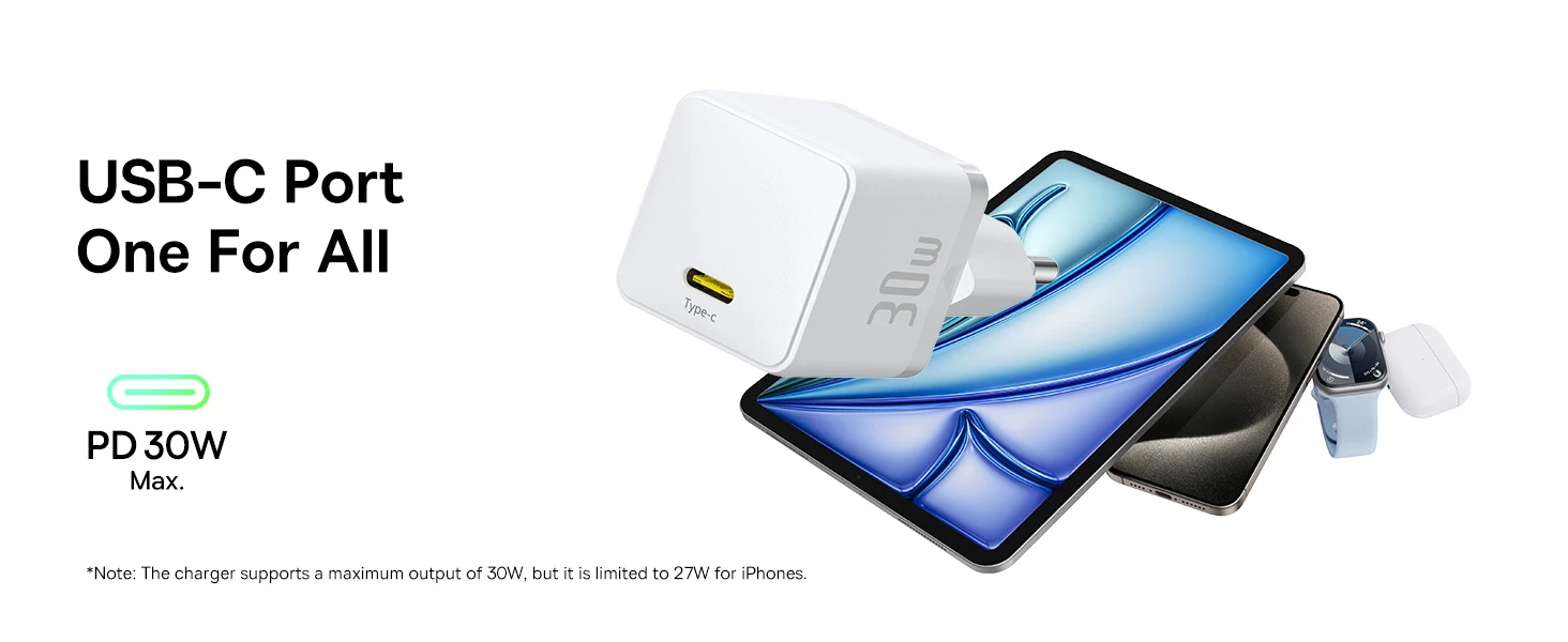 Baseus Sieninis įkroviklis Palm 30W USB-C QC3.0 PD3.0 su USB-C kabeliu 1m, baltas aprašymas - Prekės nuotrauka