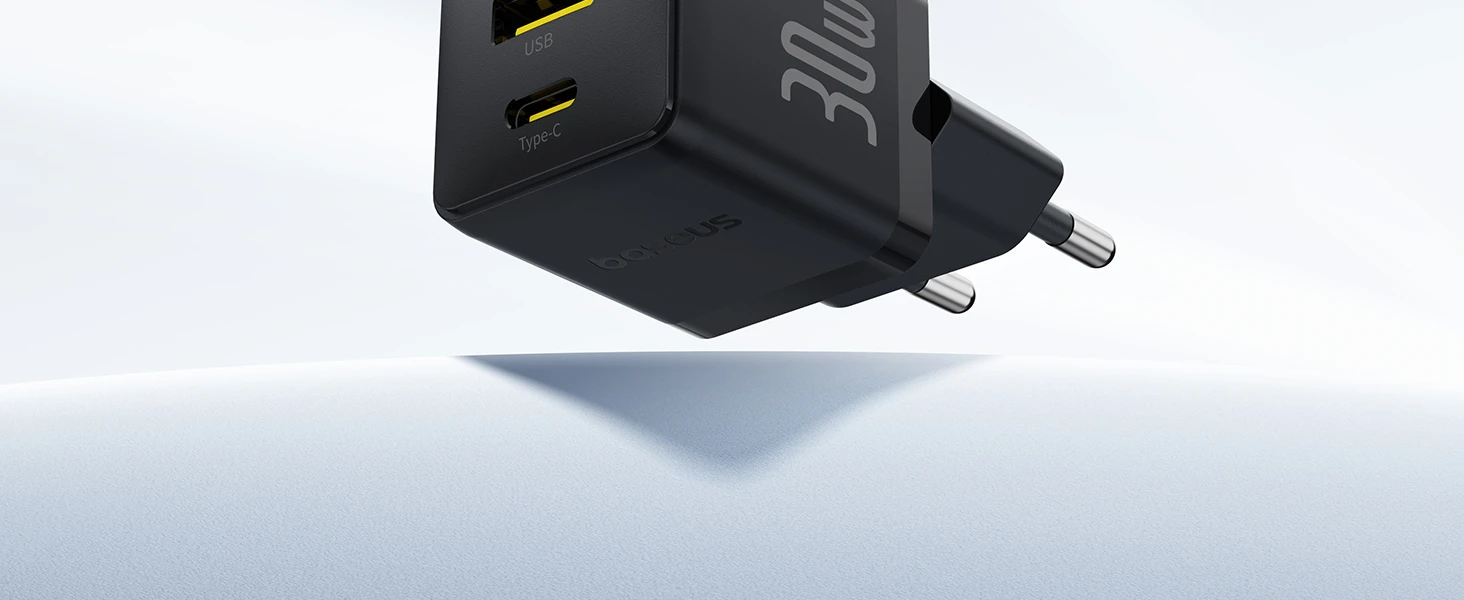 Baseus Sieninis įkroviklis Palm 30W USB + USB-C QC3.0 PD3.0 su USB-C kabeliu 1m, juodas aprašymas - Prekės nuotrauka
