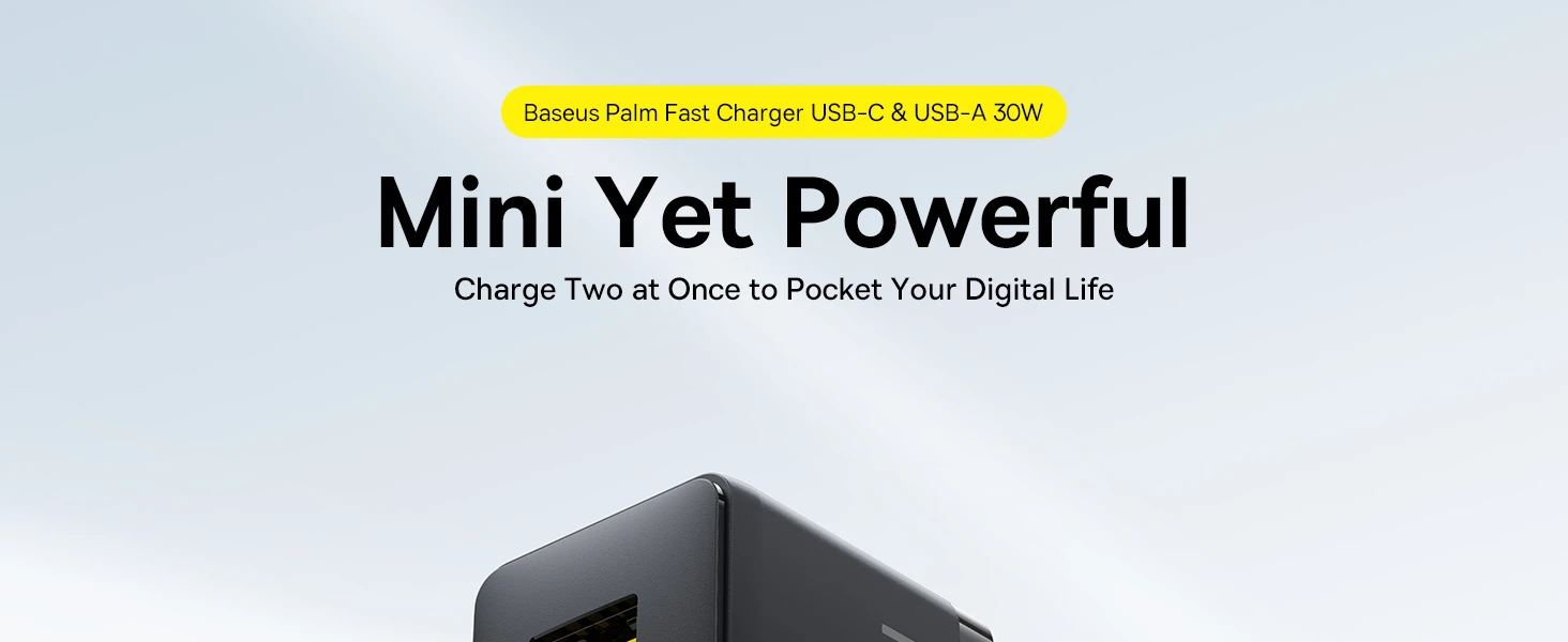 Baseus Sieninis įkroviklis Palm 30W USB + USB-C QC3.0 PD3.0 su USB-C kabeliu 1m, juodas aprašymas - Prekės nuotrauka