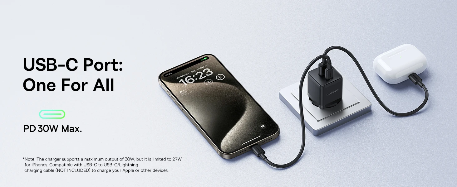 Baseus Sieninis įkroviklis Palm 30W USB + USB-C QC3.0 PD3.0 su USB-C kabeliu 1m, juodas aprašymas - Prekės nuotrauka