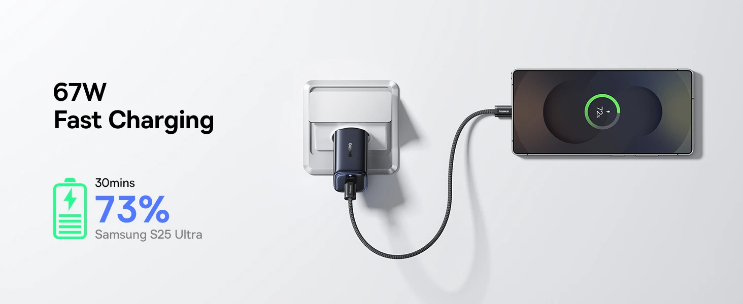 Baseus Sieninis įkroviklis PicoGo AE11 67W USB-A + 2xUSB-C QC PD, juodas aprašymas - Prekės nuotrauka
