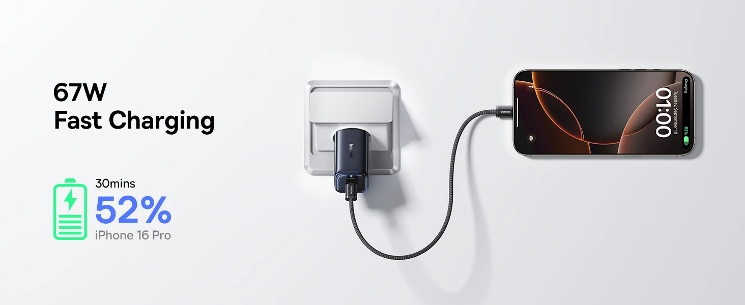 Baseus Sieninis įkroviklis PicoGo AE11 67W USB-A + 2xUSB-C QC PD, juodas aprašymas - Prekės nuotrauka