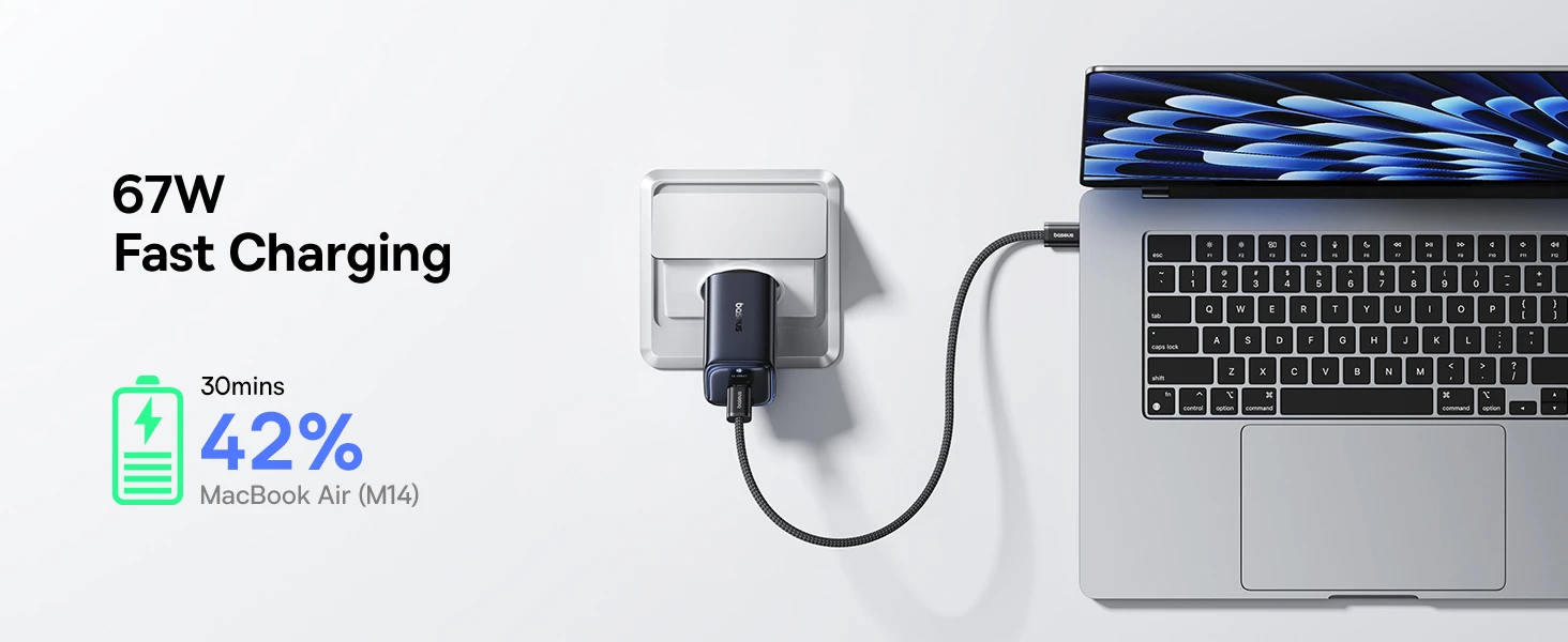 Baseus Sieninis įkroviklis PicoGo AE11 67W USB-A + 2xUSB-C QC PD, juodas aprašymas - Prekės nuotrauka