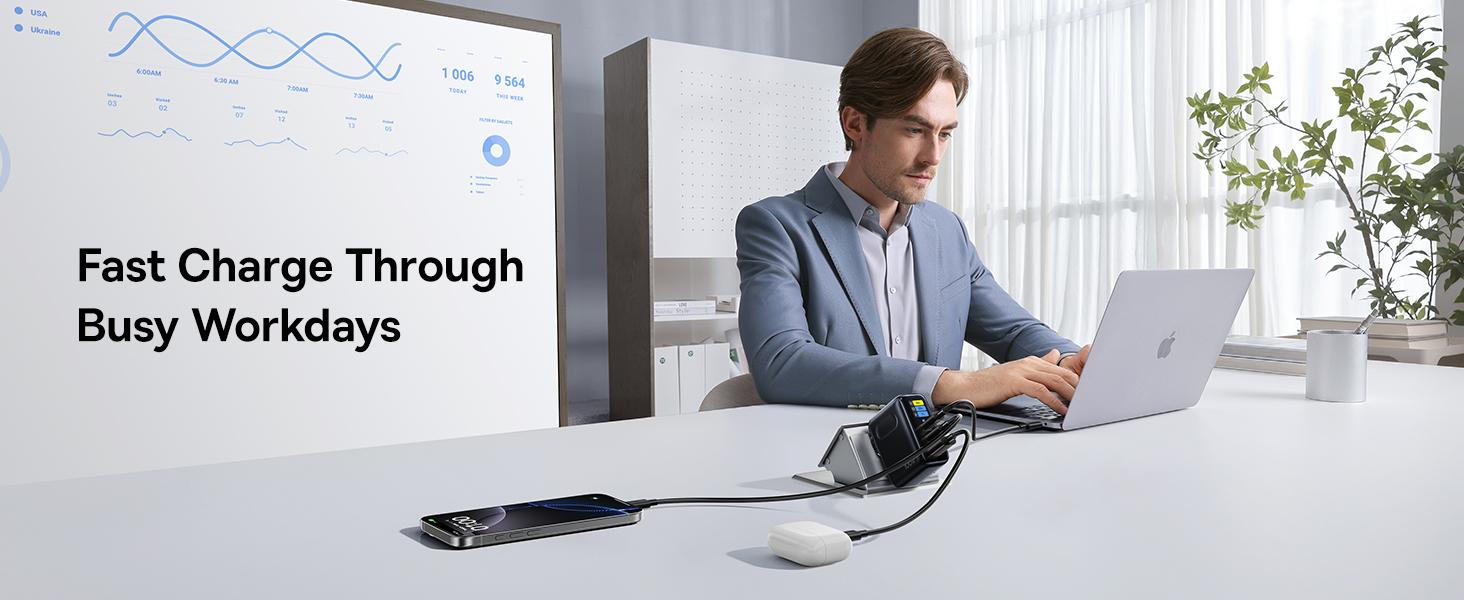 Baseus Sieninis įkroviklis PicoGo AE21 100W USB-A + 2xUSB-C QC PD su ekranu, juodas aprašymas - Prekės nuotrauka