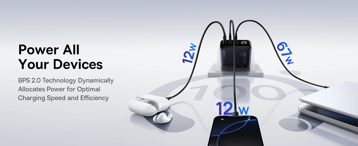 Baseus Sieninis įkroviklis PicoGo AE21 100W USB-A + 2xUSB-C QC PD su ekranu, juodas aprašymas - Prekės nuotrauka