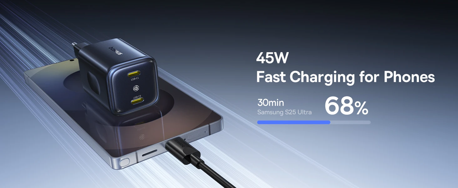Dėklas Baseus Sieninis įkroviklis PicoGo AN13 45W 2xUSB-C PD3.0, juodas aprašymas - Prekės nuotrauka