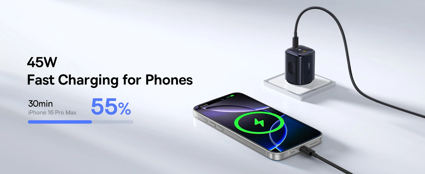 Dėklas Baseus Sieninis įkroviklis PicoGo AN13 45W 2xUSB-C PD3.0, juodas aprašymas - Prekės nuotrauka